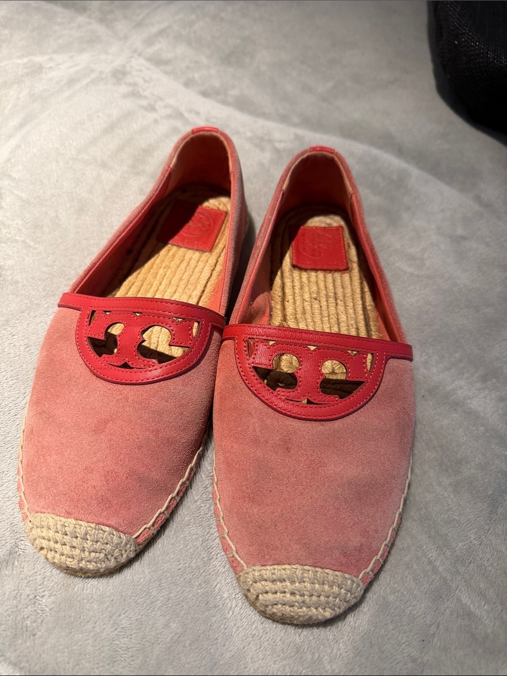 Tory Burch Coral Pink Suede Espadrille Flats with Logo Cutout